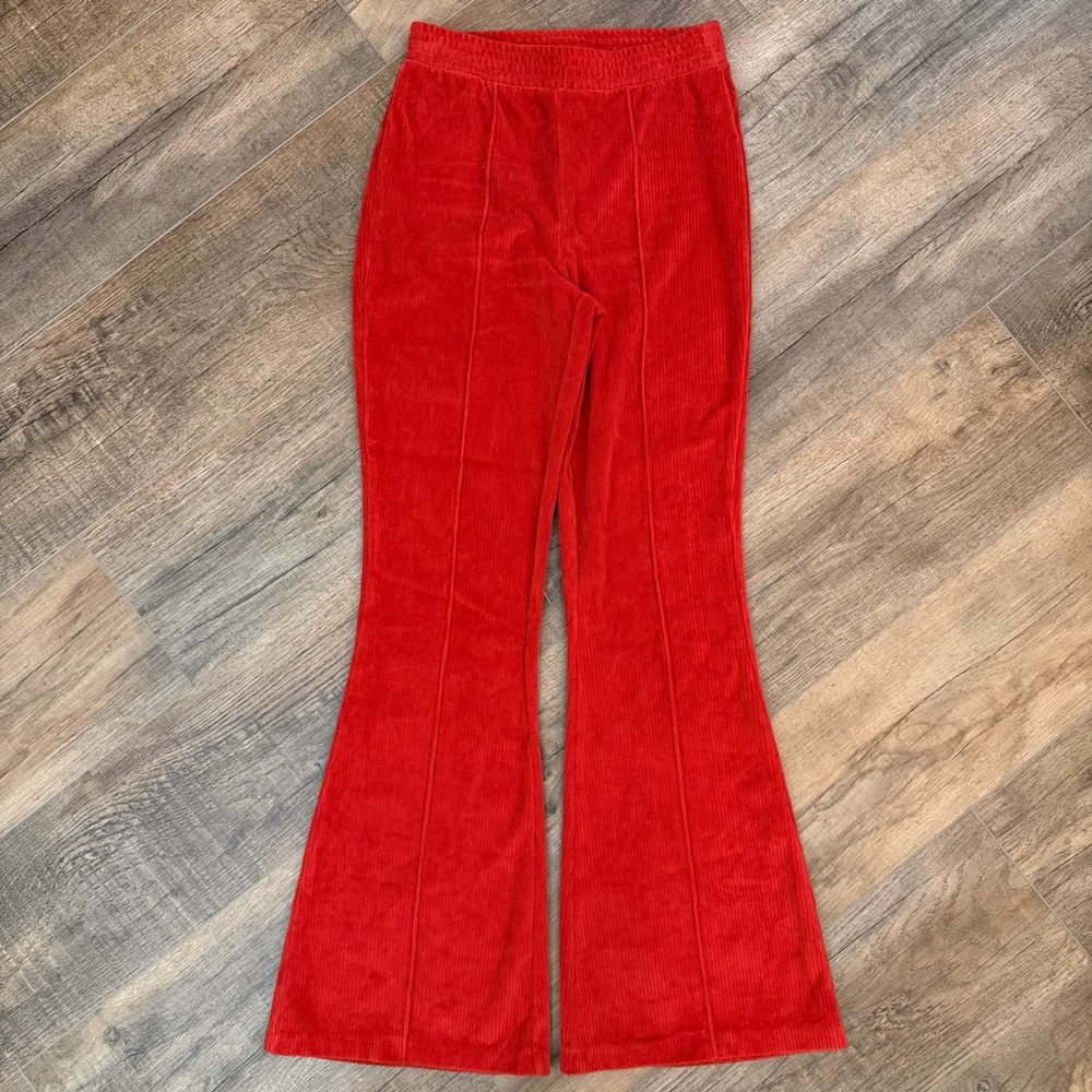 Aerie Groove-On Ribbed Velour Flare Pant Womens XS Loungewear Retro 70s Cozy Red